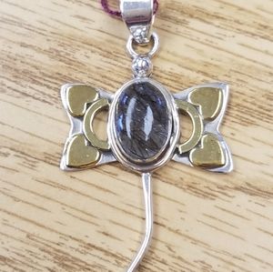 New Sterling silver Black rutalited quartz dragonfly